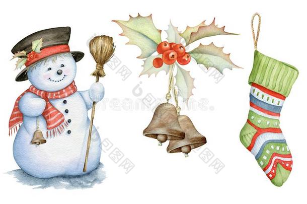 雪人,冬青浆果和圣诞节短袜水彩插科打