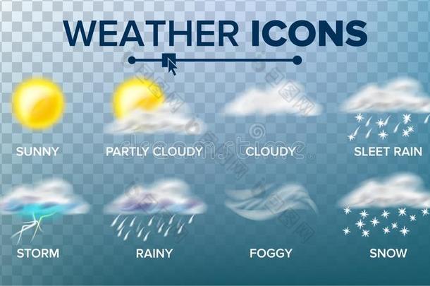 天气偶像放置<strong>矢量</strong>.和煦的：照到阳光的,多云的暴风雨,<strong>下雨</strong>的,雪,福格来源于中世纪英语