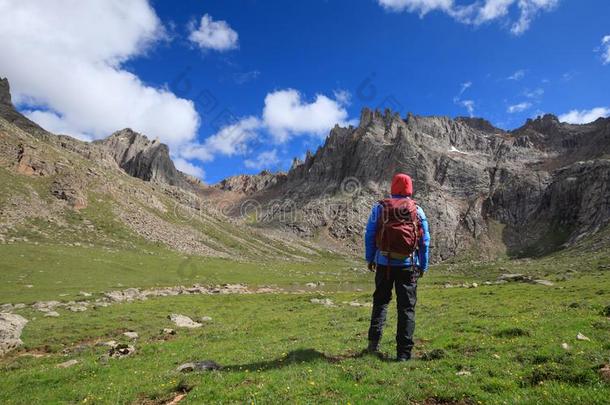 远足者和背包徒步旅行在高的高度山