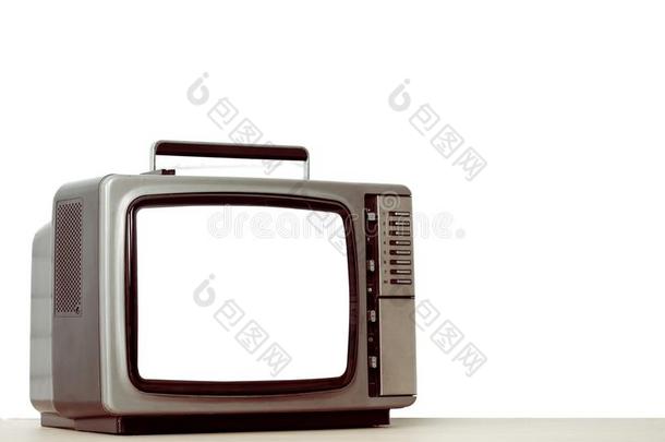 老的电视和将切开出局屏幕隔离的向白色的.