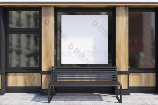 黑的和木制的咖啡馆建筑物的正面,海报,长凳