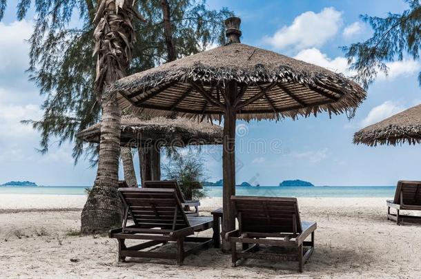 休息厅椅子和遮阳伞雨伞向指已提到的人海滩