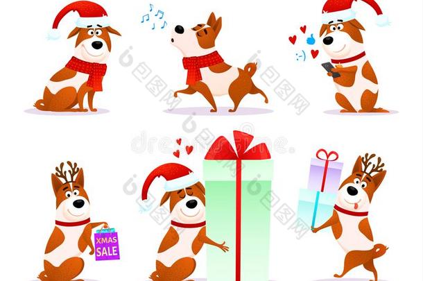 圣诞节平的小狗表情符号收集.