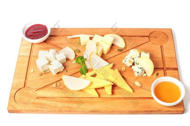 奶酪盘子serve的过去式和南瓜种子,果酱,蜂蜜和绿色的minute分