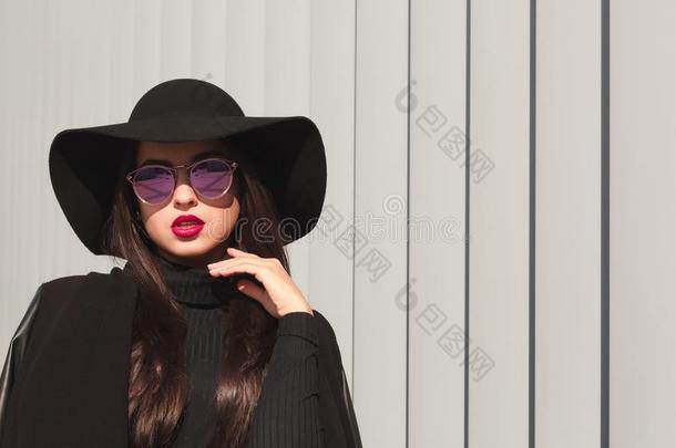 奢侈黑头发的妇女模型采用镜子眼镜和宽阔的满到边际的帽子便壶