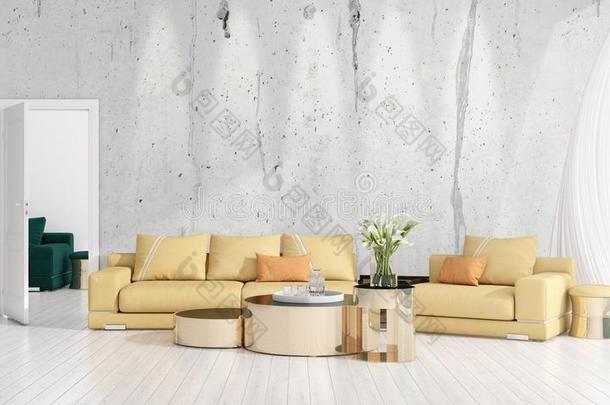 现代的内部设计关于客厅采用时尚和植物,黄色的