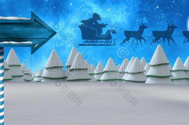 木制的指示牌采用圣诞节W采用ter风景和圣诞老人的雪橇
