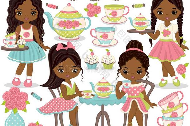 矢量茶水社交聚会放置和小的非洲的美国人女儿,纸杯蛋糕