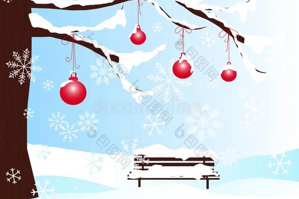 <strong>浪漫</strong>的冬背景和棕色的圣诞节树,长凳,红色的