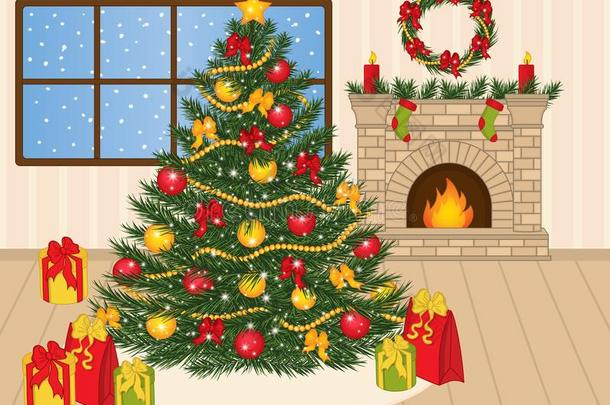 矢量装饰圣诞节树,圣诞节礼物和壁炉