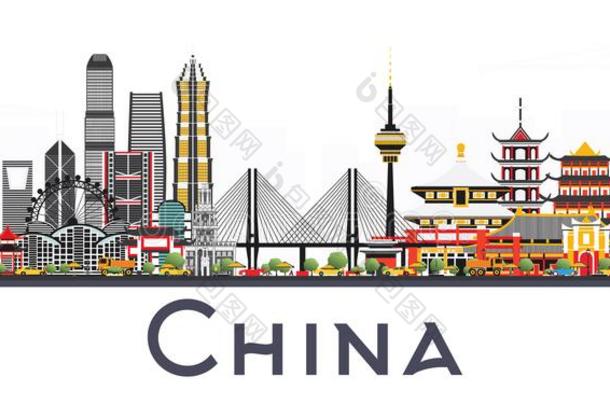 中国城市地平线隔离的向白色的背景.著名的陆标