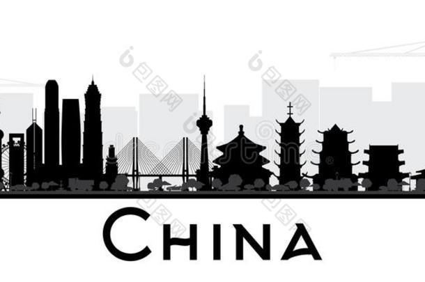中国城市地平线黑的和白色的轮廓.