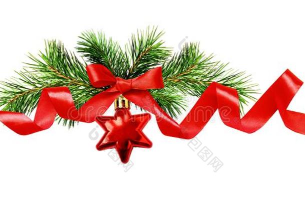圣诞节树细枝,红色的星和丝带弓