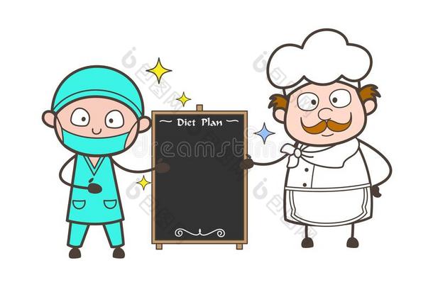 漫画外科医生和厨师举向日常饮食计划图表矢量图解