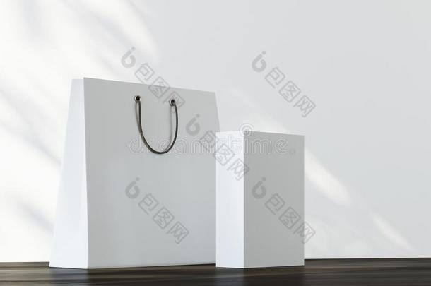 白色的纸袋和盒,白色的背景