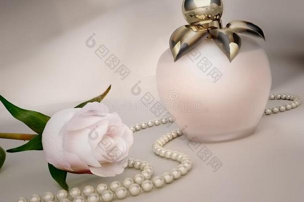 香水瓶子,白色的<strong>玫瑰花</strong>和绳子关于<strong>珍珠</strong>.