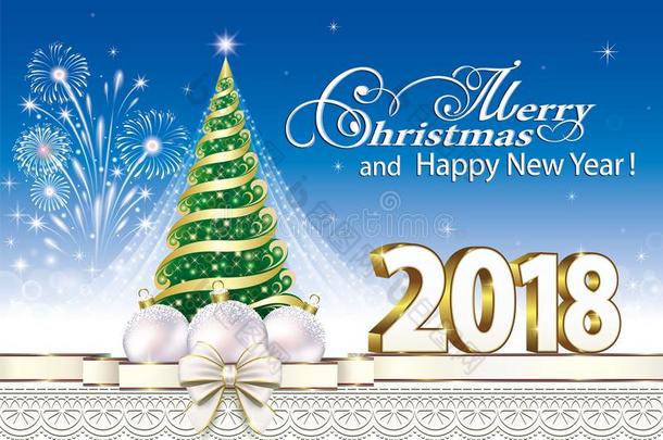 幸福的新的年<strong>2018</strong>.<strong>圣诞节</strong>树向一蓝色b一ckground