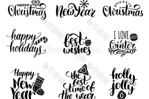 矢量手写的圣诞节和新的年美术字放置和英语字母表的第6个字母