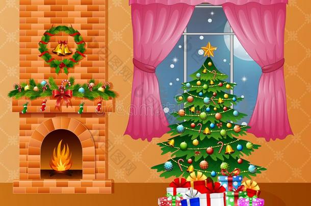 圣诞节房间内部和壁炉,圣诞节树和现在