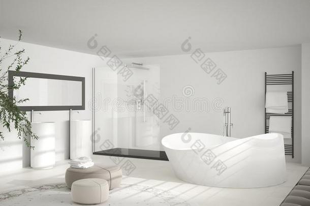 现代的典型的浴室和大的圆形的地毯,极简主义极少的量