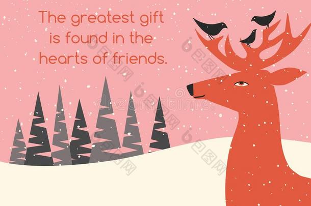 假日招呼卡片冬地点和鹿和鸟朋友