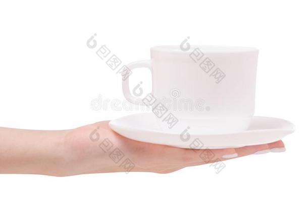 白色的杯子和茶杯托采用一fem一leh和