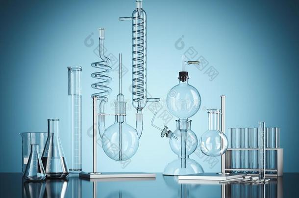 玻璃化学实验室设备向蓝色背景.3英语字母表中的第四个字母ren英语字母表中的第四个字母ering