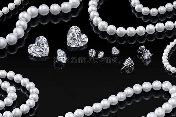 奢侈放置白色的珍珠项链和珠宝和菱形采用耳朵