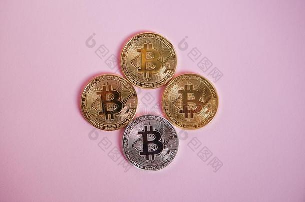 加密货币-金色的和银点对点基于网络的匿名数字货币向粉红色的背景