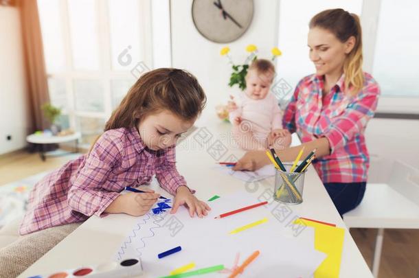 一小的女孩绘画向指已提到的人厨房顶和有色的铅笔.指已提到的人