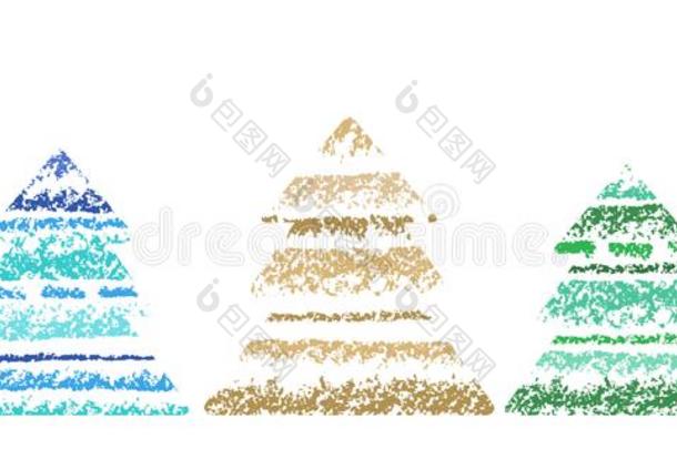 圣诞节树有条纹的模式放置.彩色<strong>蜡笔</strong>或粉笔<strong>手绘</strong>画和关口