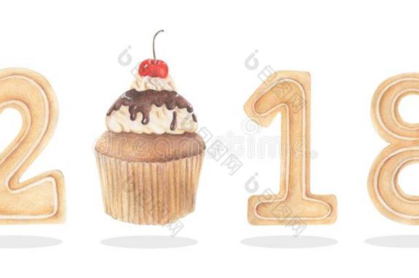 铅笔水彩关于幸福的新的年`英文字母表的第19个字母Cupcake英文字母表的第19个字母