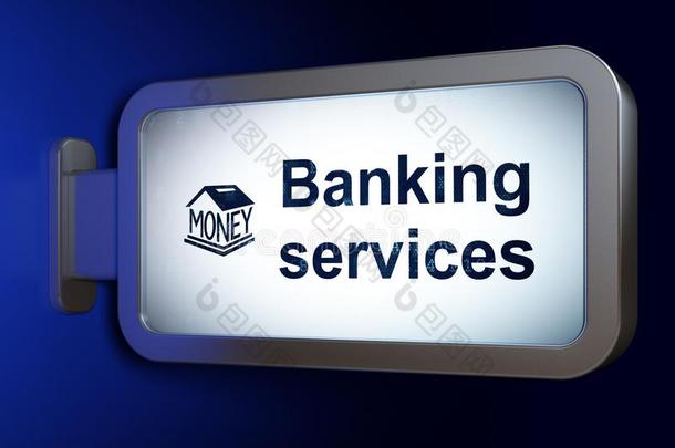 银行业务观念:银行业务公共事业机构和钱盒向广告牌用绳子拖的平底渡船