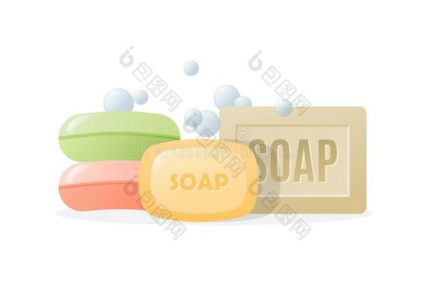 放置各种各样的现实的,有色的固体的肥皂和起泡沫和泡
