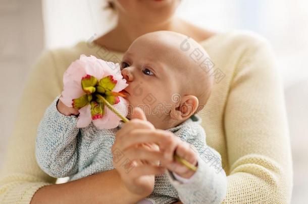 关在上面关于母亲和小的婴儿男孩和花
