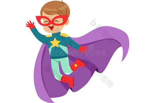 喜剧的漂亮的飞行的小孩采用富有色彩的超级英雄戏装和星向