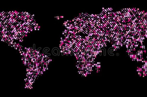 粉红色的点世界地图.抽象的像素世界地图和正方形情况
