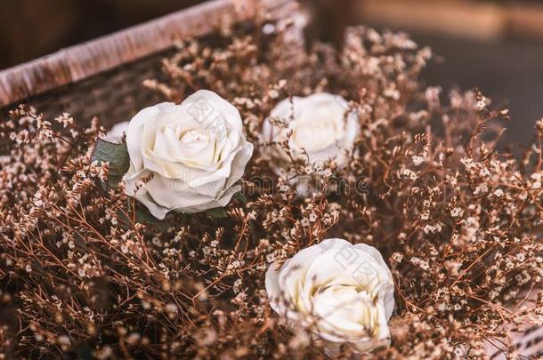 白色的玫瑰和棕色的花草采用篮