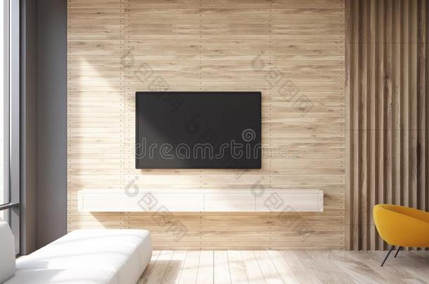 木制的活的房间television电视机放置和沙发