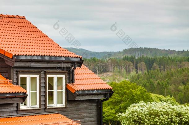 森林风景,房屋红色的屋顶采用前景