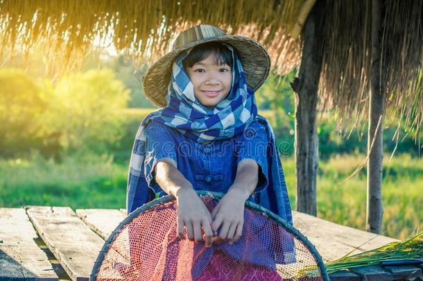 女人农场主是（be的三单形式收获稻采用泰国.