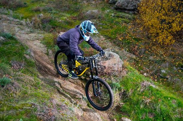 专业的骑自行车的人骑马山自行车下指已提到的人多岩石的小山.英语字母表的第5个字母