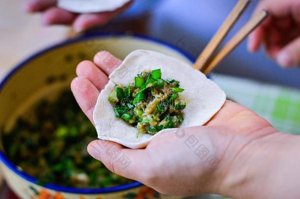 手佃户租种的土地中国人饺子皮和猪肉细洋葱充填料