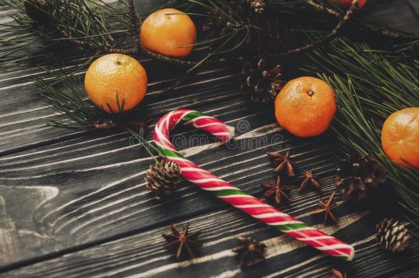 圣诞节糖果和橘子和绿色的冷杉树枝和圆锥体