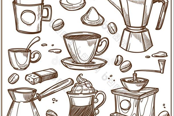 咖啡豆商店制造者设备工具矢量草图偶像杯子,豆