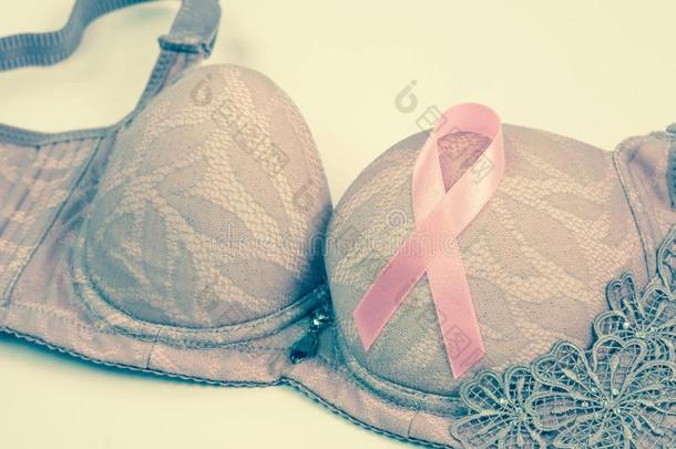 乳房癌症察觉,粉红色的带和粉红色的胸罩向白色的后面