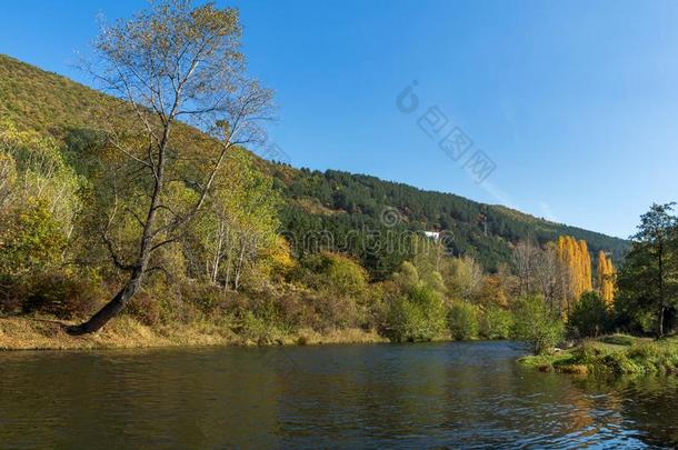 秋风景关于伊斯克河河在近处潘查列沃湖,保加利亚