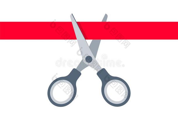 一副关于剪刀将切开红色的带.平的矢量观念说明.