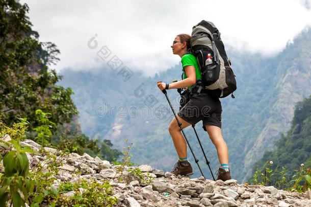 远足者采用高原地区关于<strong>喜马拉雅</strong>山脉向玛纳斯卢峰电路