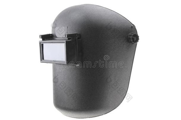 黑的塑料制品保护的焊接法面具头盔向白色的背景